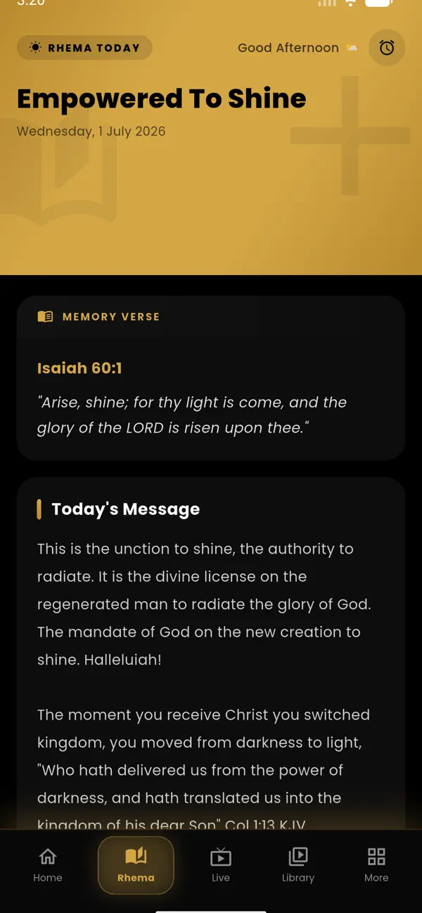 Rhema Today devotional screen showing the memory verse Isaiah 60:1
